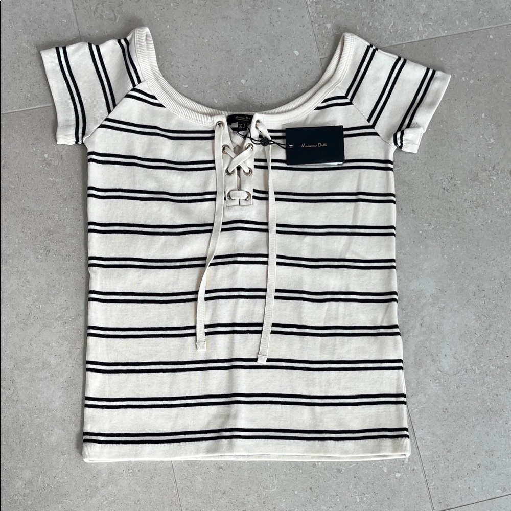 Massimo Dutti  Striped Lace-Up Top - Cream and Black